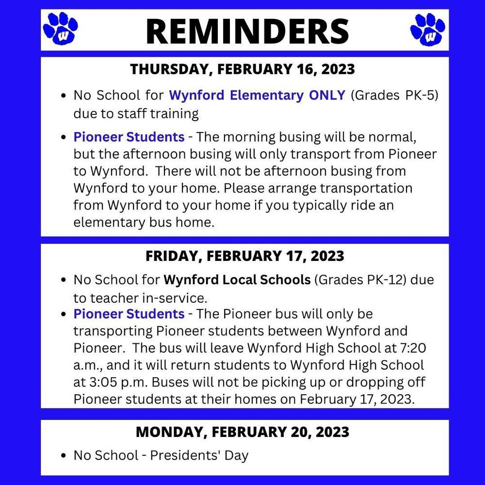 Reminders | Wynford Local Schools