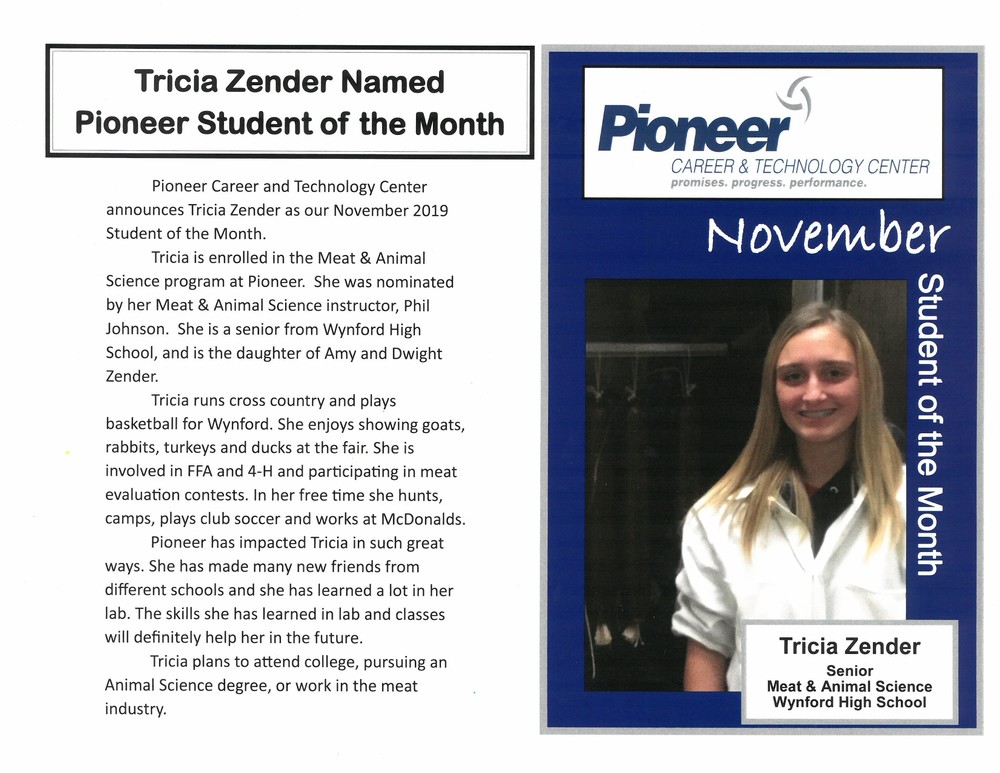 Tricia Zender Named Pioneer Student of the Month