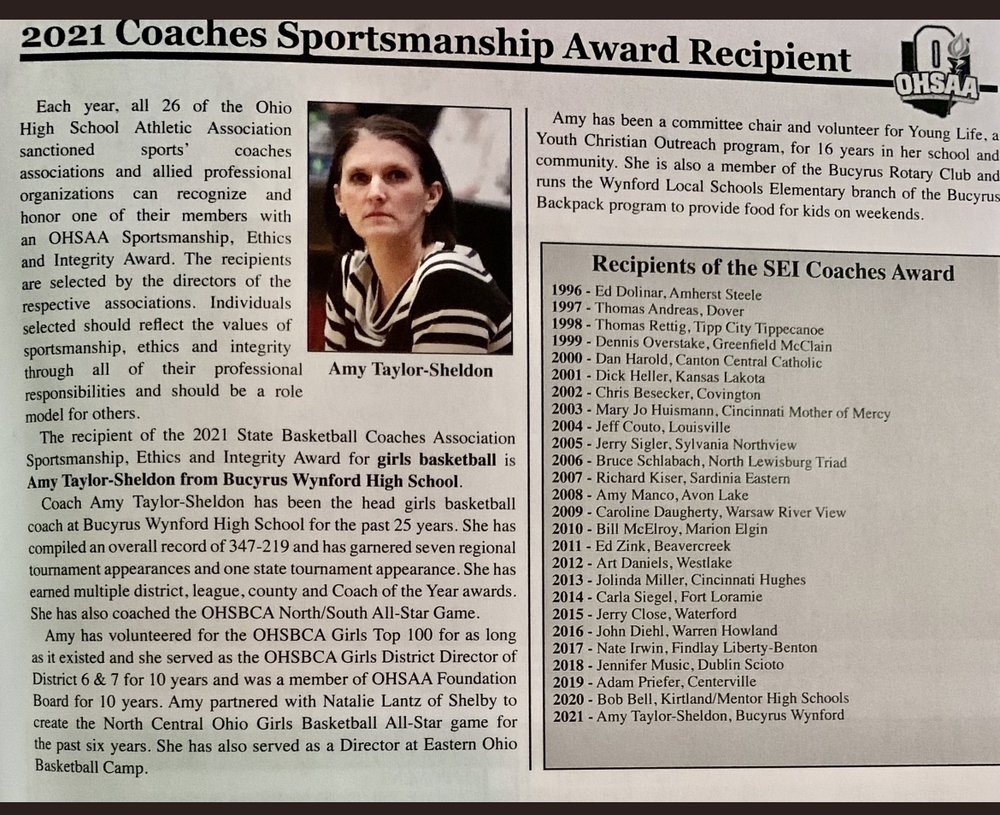 Coach Taylor-Sheldon Awarded 2021 OHSAA Coaches Sportsmanship Award