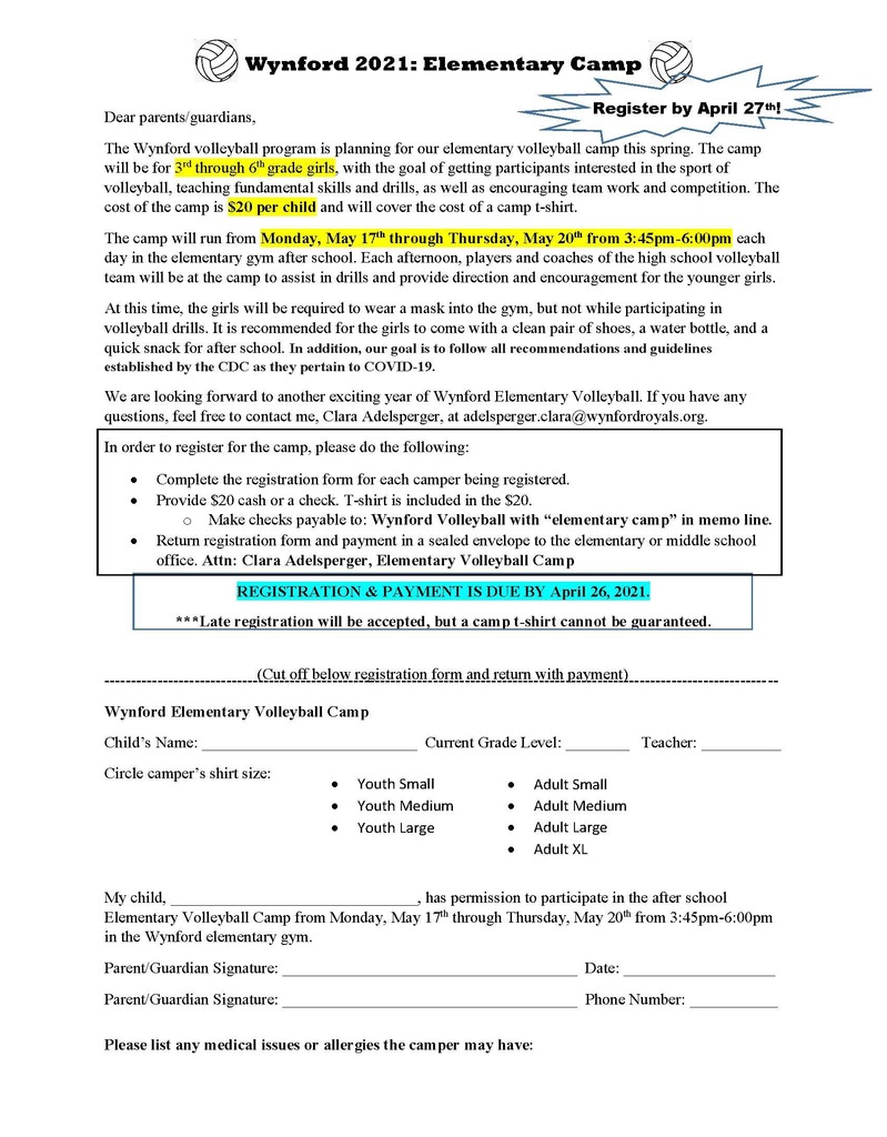Elementary Volleyball Camp Registration Form