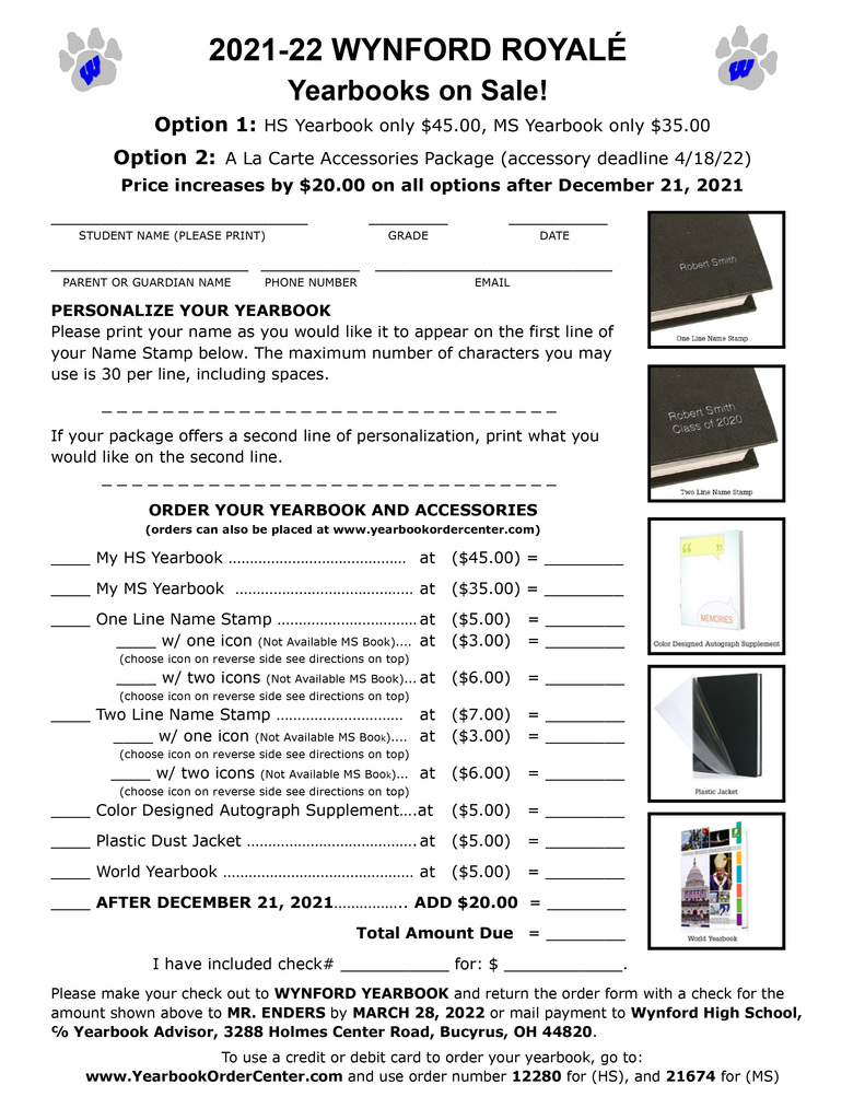21-22 MS/HS Yearbook Order Form